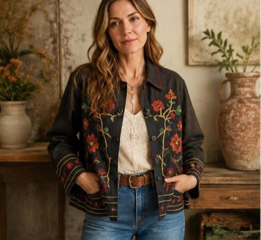 Vintage 90s Units Silk Blend Floral Embroidered Jacket Boho L